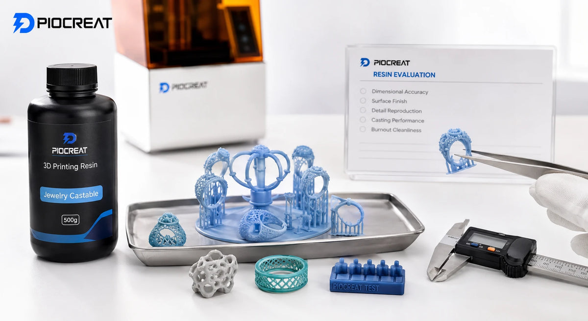 PioCreat castable jewelry resin evaluation with 3D printed rings, dimensional measurement and casting test models.