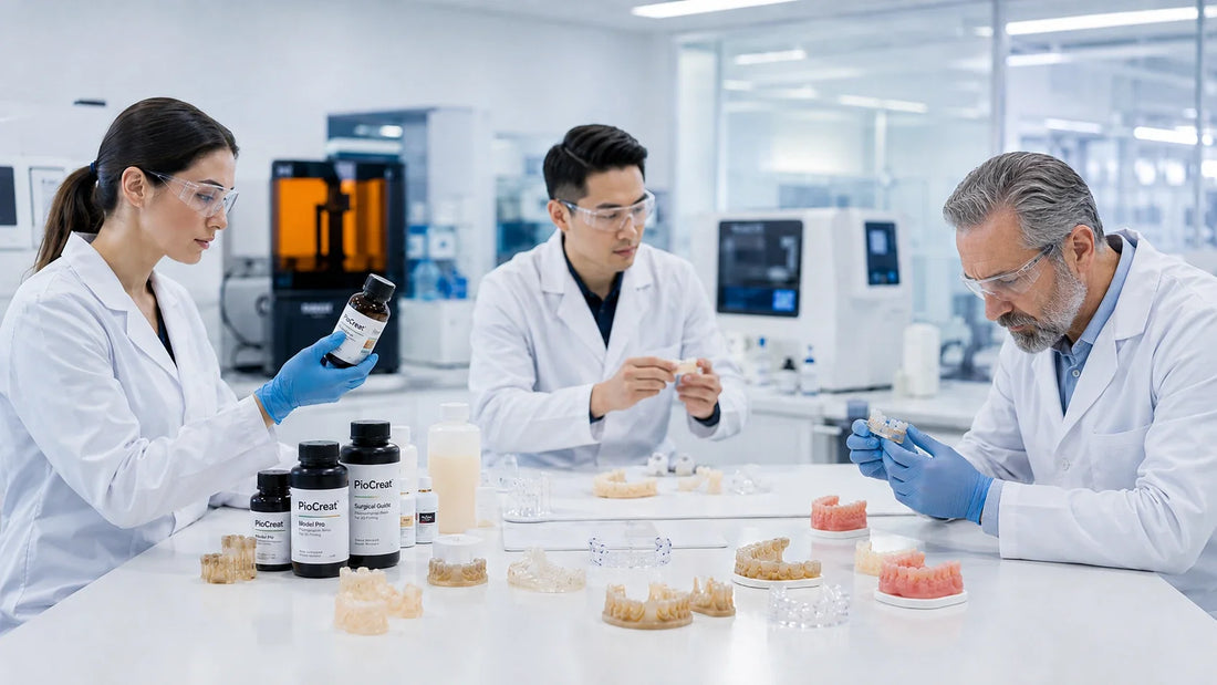 PioCreat dental resin R&D team evaluating photopolymer materials and 3D printed dental models in a professional laboratory.
