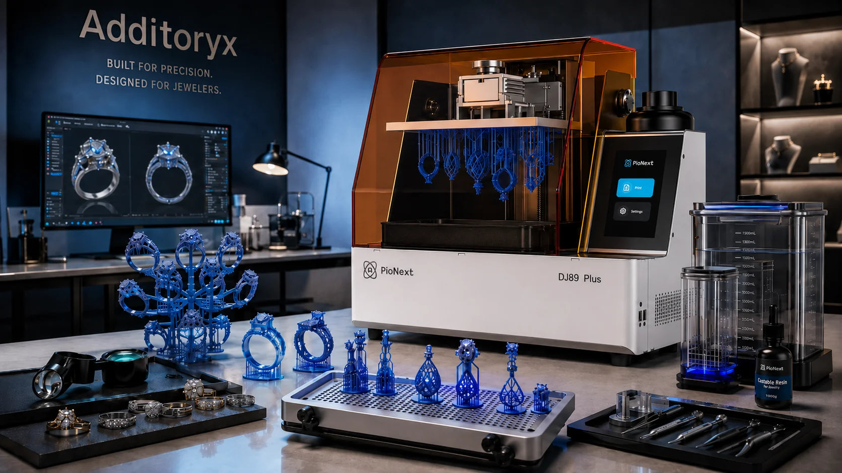 DJ89 PLUS jewelry 3D printer with detailed castable jewelry patterns